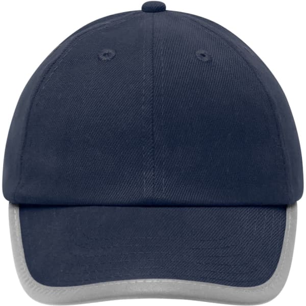 A navy cap with a light grey trim and a logo on the front.