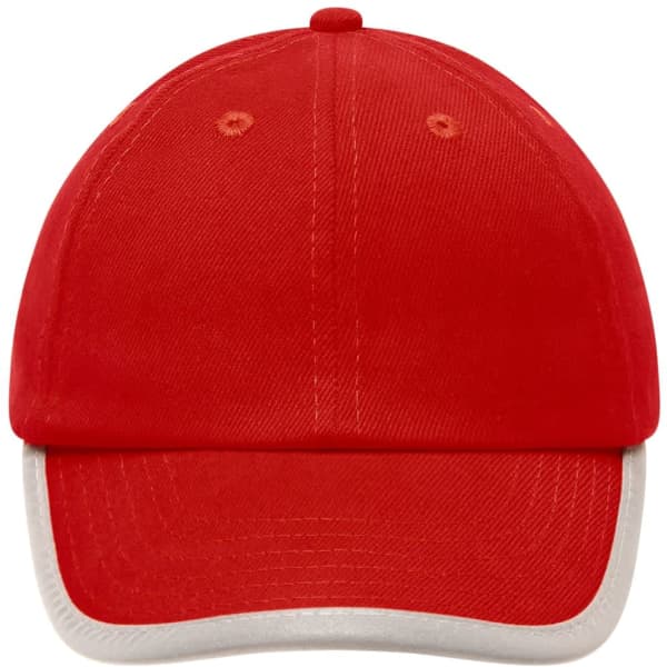 A red cap with a white brim and a logo on the front.