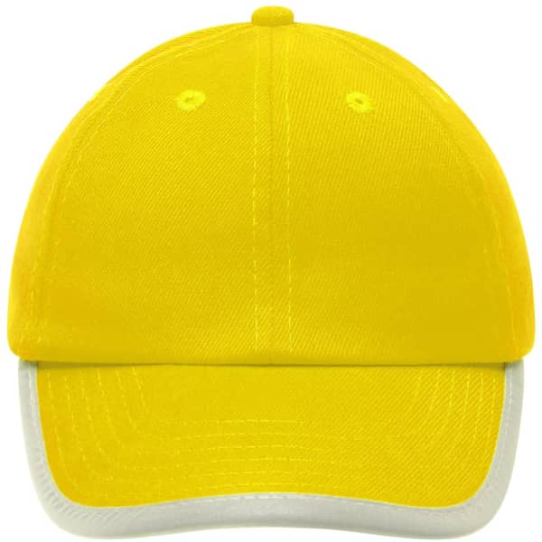 A yellow cap with a white visor and a logo on the front. Features a classic design and a structured fit.