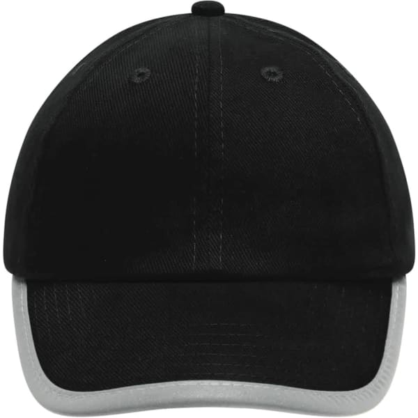 A black cap for kids with a grey brim and a logo on the front.