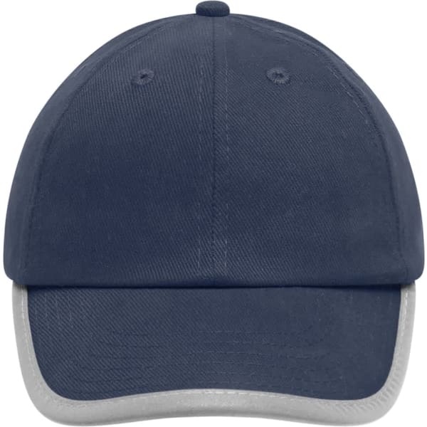 A navy blue cap with a grey trim and a logo on the front, designed for kids.