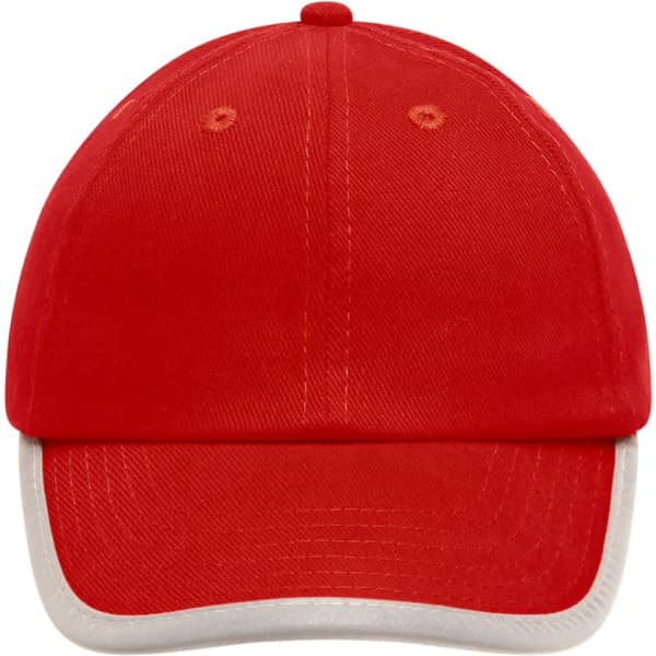 A red cap with a white brim, featuring a logo on the front. Suitable for kids.