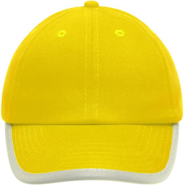 A bright yellow cap with a white brim, featuring a logo on the front.
