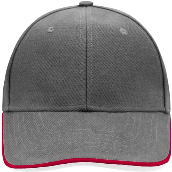 A grey cap with a red trim and a structured six-panel design, featuring a logo on the front.