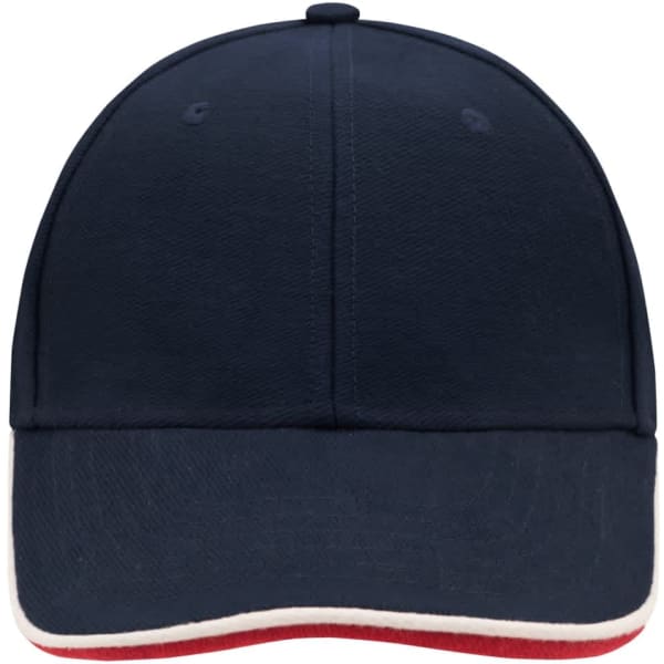 A navy blue cap with a white and red trim and a logo on the front. It features six panels for a structured look.