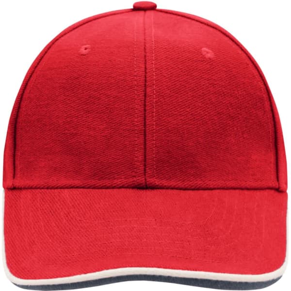 A red 6 panel double sandwich cap with a contrasting trim and a logo on the front.