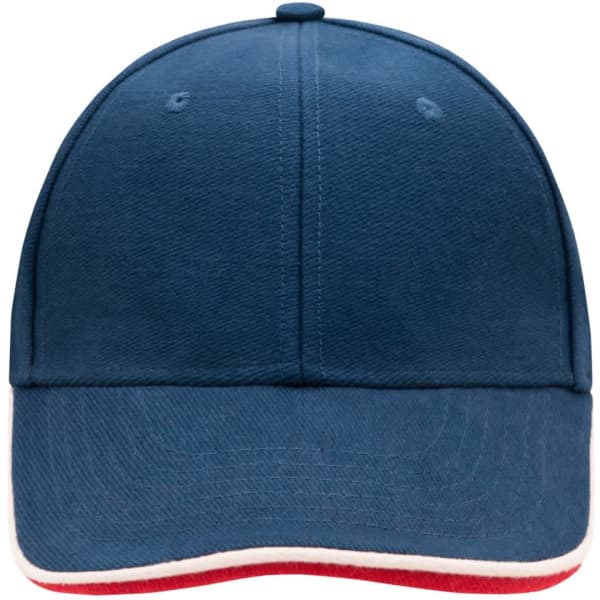 A blue 6 panel double sandwich cap with a red and white trim, featuring a logo on the front.
