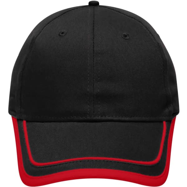A black cap with red piping along the brim, featuring a logo on the front.