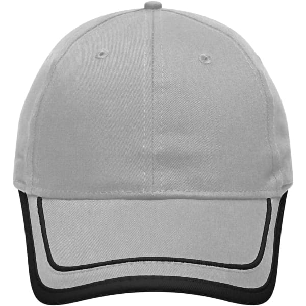 A grey 6-panel cap with black piping and a logo, featuring a rounded brim and ventilation holes.