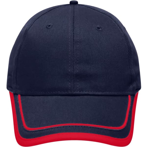 A navy blue cap with red piping details and a brand logo on the front.
