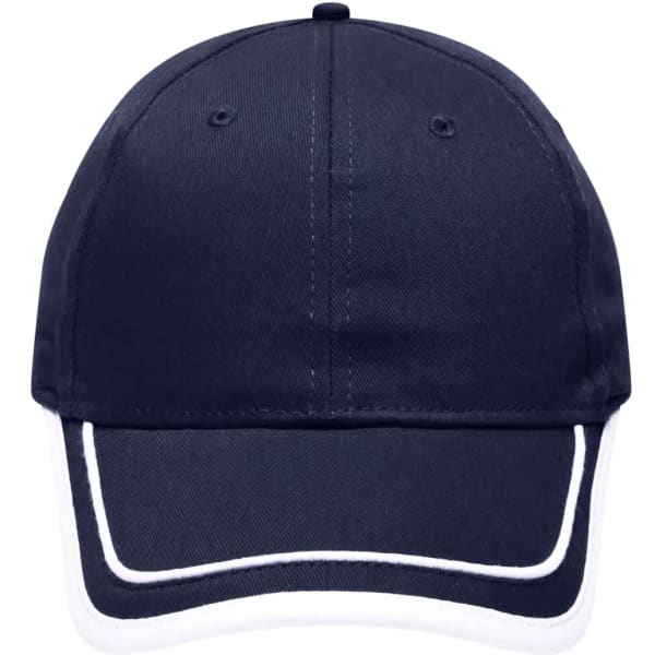 A navy six-panel cap with white piping detail and a logo on the front.