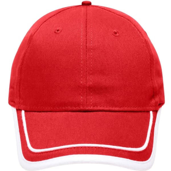A red 6 panel piping cap with white piping details and a logo on the front.