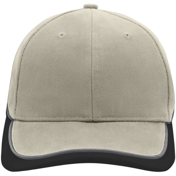 A six-panel cap featuring a beige upper with a black brim and an embroidered logo.