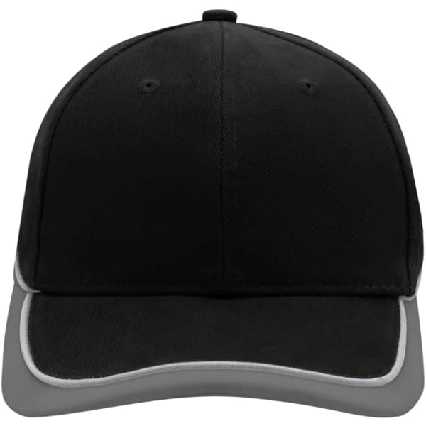 A black cap with a grey peak, featuring a logo on the front. It has a six-panel design.