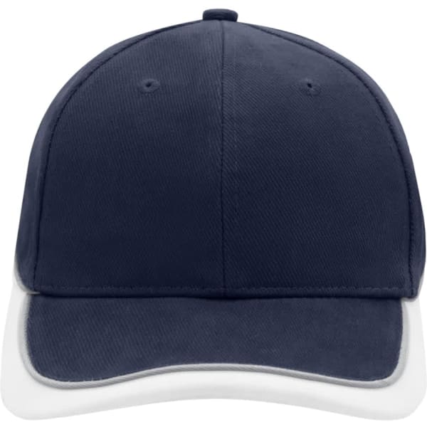 A navy blue cap with a white brim and a stitched logo on the front, featuring six panels.
