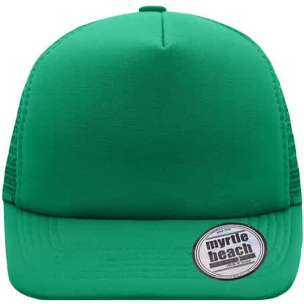 A green 5 panel flat peak cap with a mesh back and a circular logo on the front.