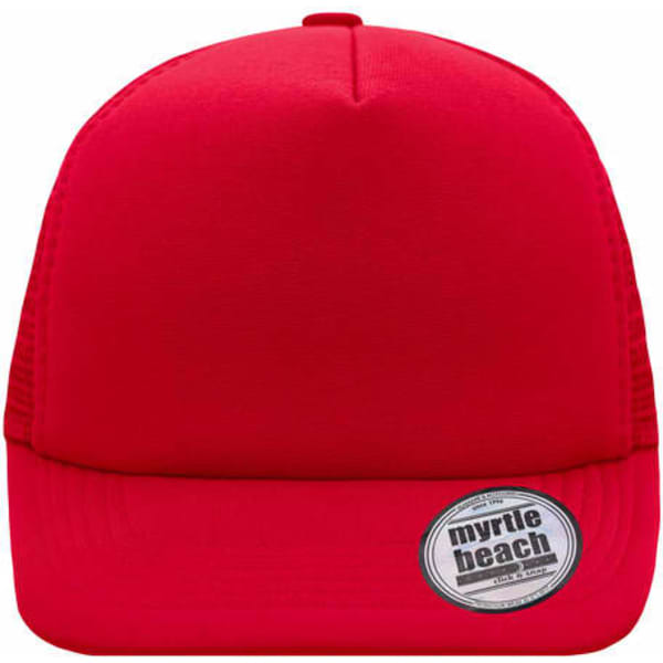 A red 5 panel flat peak cap with a structured design and a logo on the side.