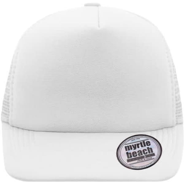 A white 5 panel flat peak cap with mesh sides and a round logo on the front.