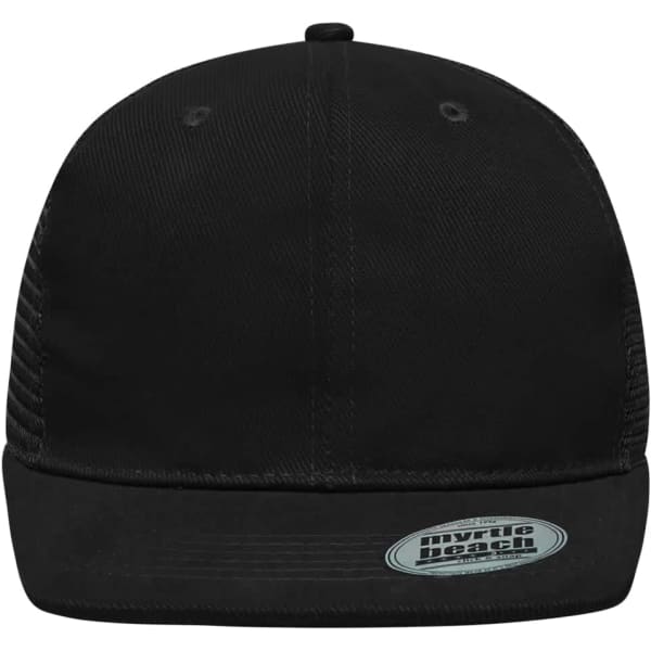 A black 6 panel flat peak cap featuring a logo on the front and a flat brim.