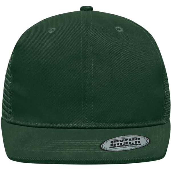 A green 6 panel flat peak cap with a smooth fabric finish and a branded tag on the side.