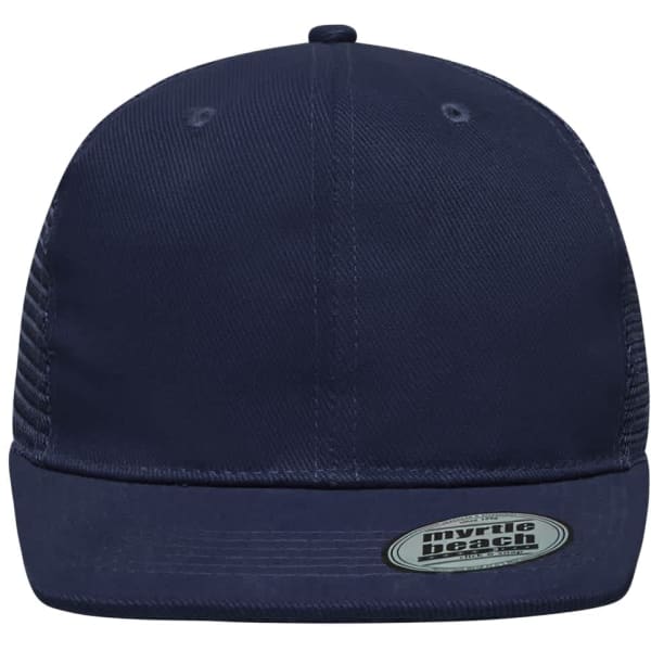 A navy 6 Panel Flat Peak Cap with a flat brim and a branding logo on the front.