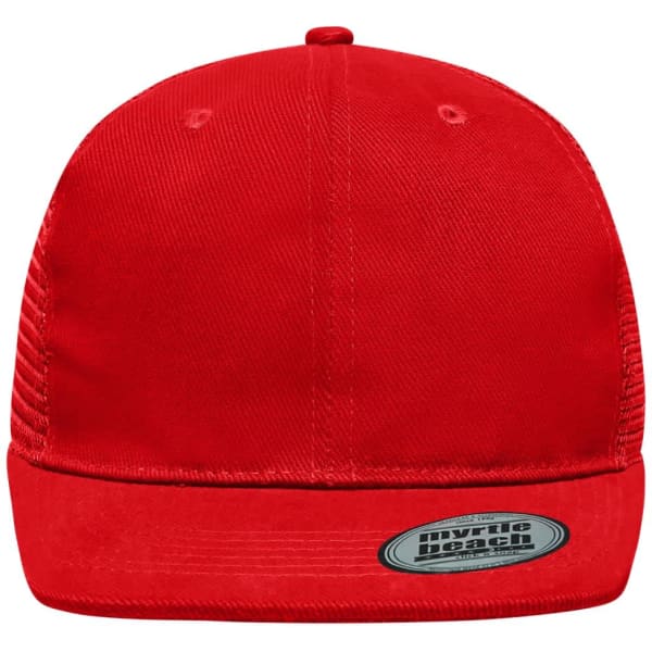 A red 6 Panel Flat Peak Cap featuring a flat brim and a logo on the front.