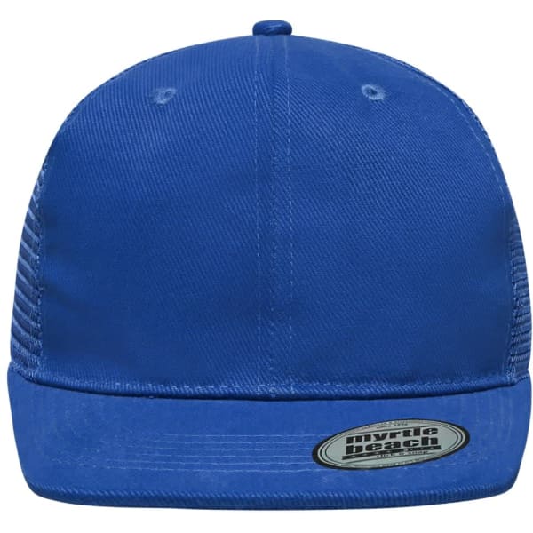 A blue 6 panel flat peak cap with a textured surface and a branding logo on the front.