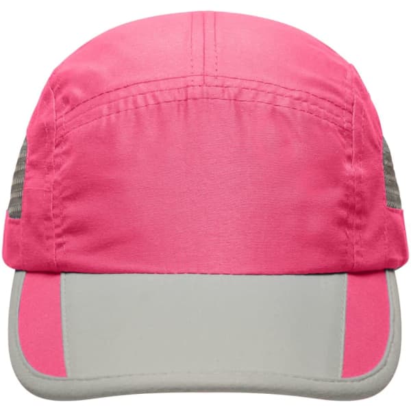A pink and grey 5 Panel Sportive Cap featuring mesh sides and a curved peak, with a logo present.