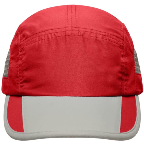 A red and grey 5 Panel Sportive Cap featuring mesh sides and a logo.