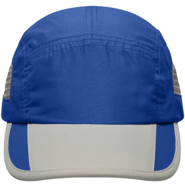 A blue 5 Panel Sportive Cap with a grey peak and mesh side panels, featuring a logo on the front.