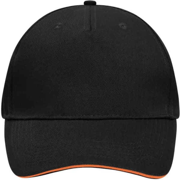 A black 5 Panel Sandwich Cap with an orange trim and a logo on the front.
