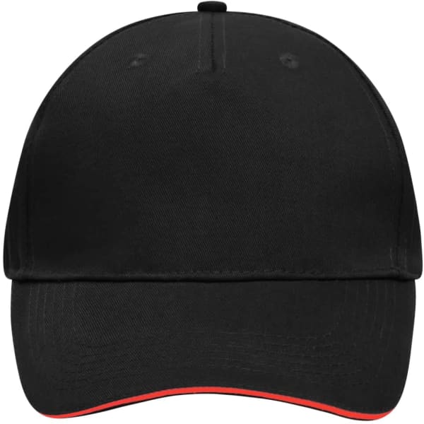 A black 5 panel sandwich cap with a contrasting orange peak and a logo on the front.