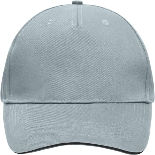A light blue 5 panel sandwich cap featuring a logo on the front and a curved brim.