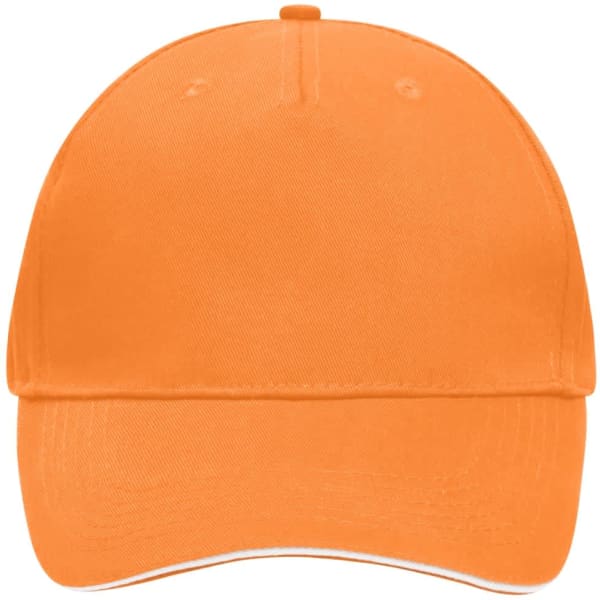 An orange 5 panel sandwich cap featuring a curved visor and a logo on the front.