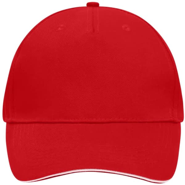 A red 5 Panel Sandwich Cap with a curved brim and a logo on the front.