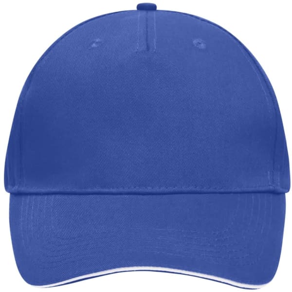 A blue 5 Panel Sandwich Cap featuring a logo on the front and contrasting piping along the brim.