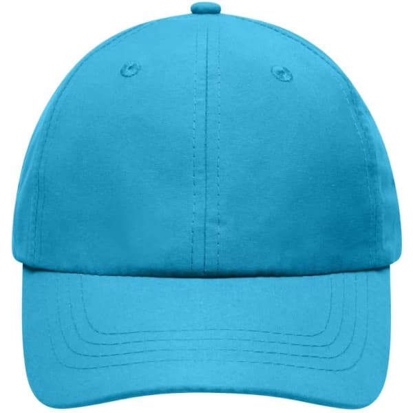 A laser cut cap in bright turquoise, featuring a basic design with a logo on the front.
