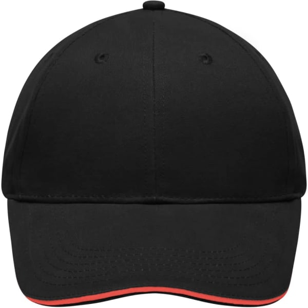 A black cap with a curved brim and an orange accent along the edge, featuring a logo on the front.
