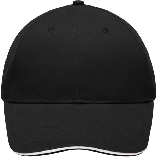 A black cap featuring a logo, with a white trim along the brim.