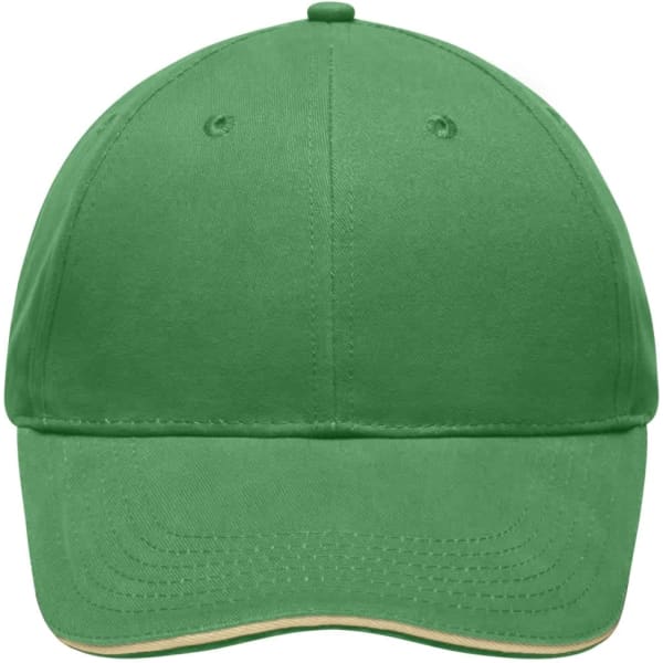 A green light brushed sandwich cap featuring a logo on the front. The cap has a curved brim and adjustable back.
