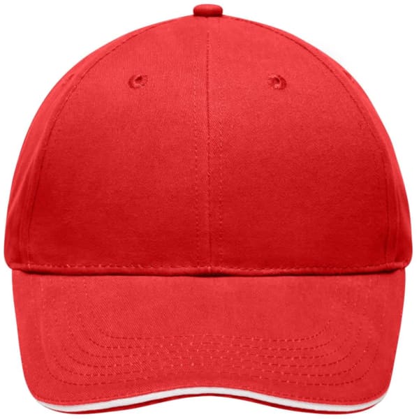 A red cap featuring a curved brim and a simple design, complete with a logo on the front.