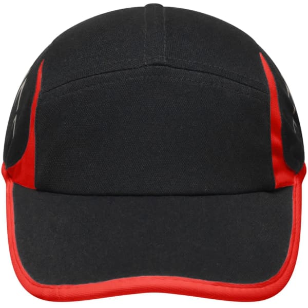 A black cap with red accents, featuring a curved brim and a logo on the front.