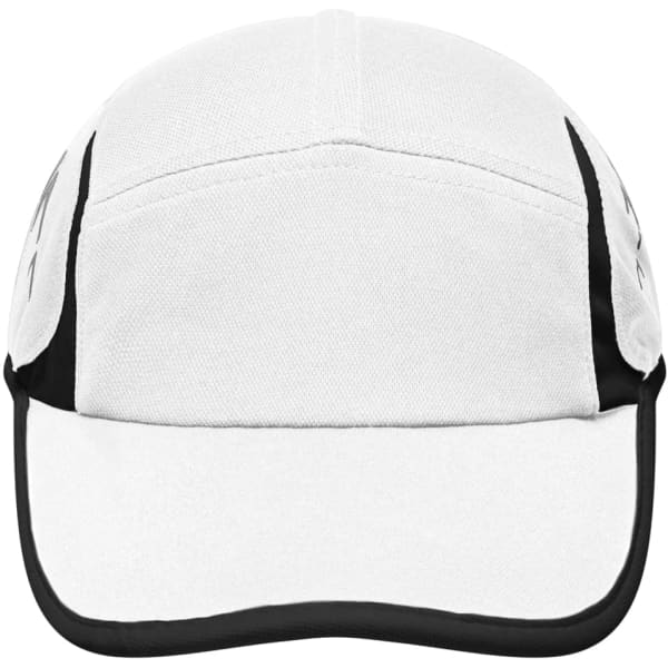 A white and black running cap featuring a logo and a four-panel design. Suitable for headwear.