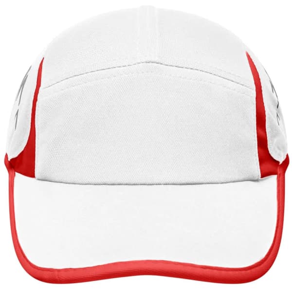A white cap with red accents, featuring a logo on the front and a curved visor.