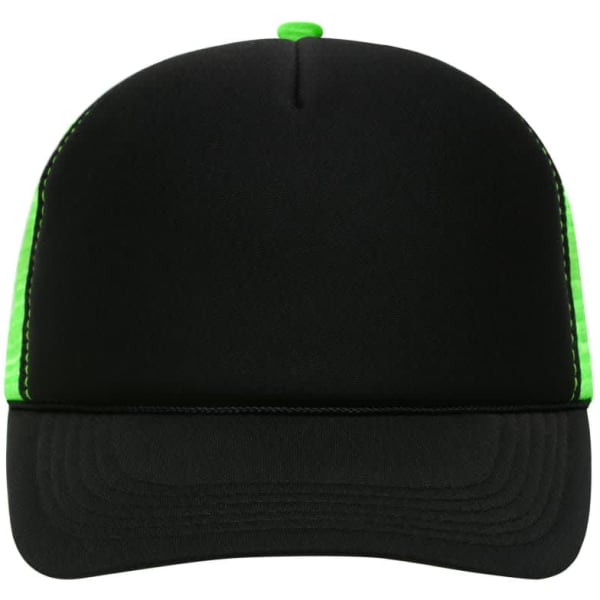 A 5-panel retro mesh cap in black with bright green mesh sides and a matching button on top. Features a logo.