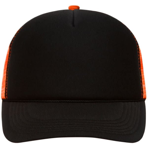 A black and orange 5 Panel Retro Mesh Cap featuring a curved brim and mesh side panels, with a logo on the front.