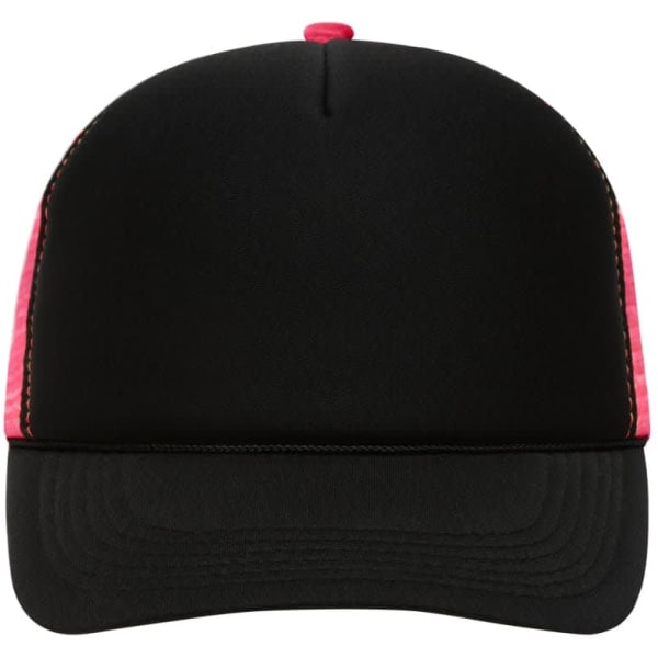 A black and pink 5 panel retro mesh cap with a curved brim and a logo on the front.
