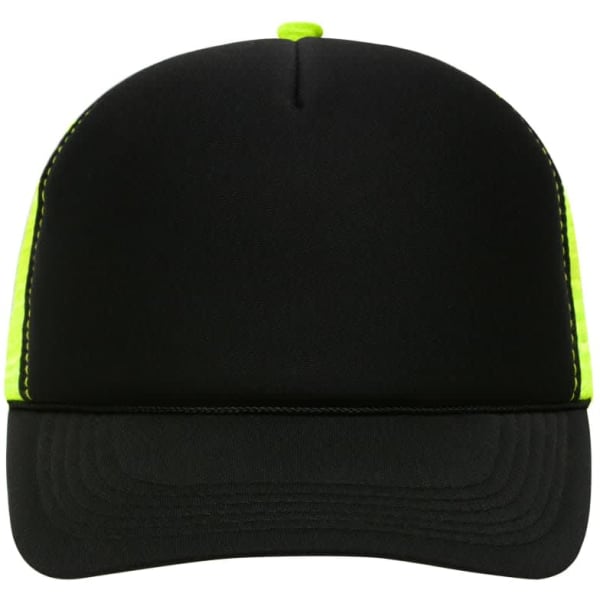 A black and neon green 5 Panel Retro Mesh Cap with a curved brim and a logo.