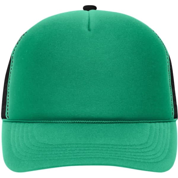 A green and black 5 Panel Retro Mesh Cap featuring a prominent front panel and a mesh back.