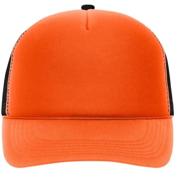 A 5 Panel Retro Mesh Cap in vibrant orange with a black mesh back and a structured front panel.